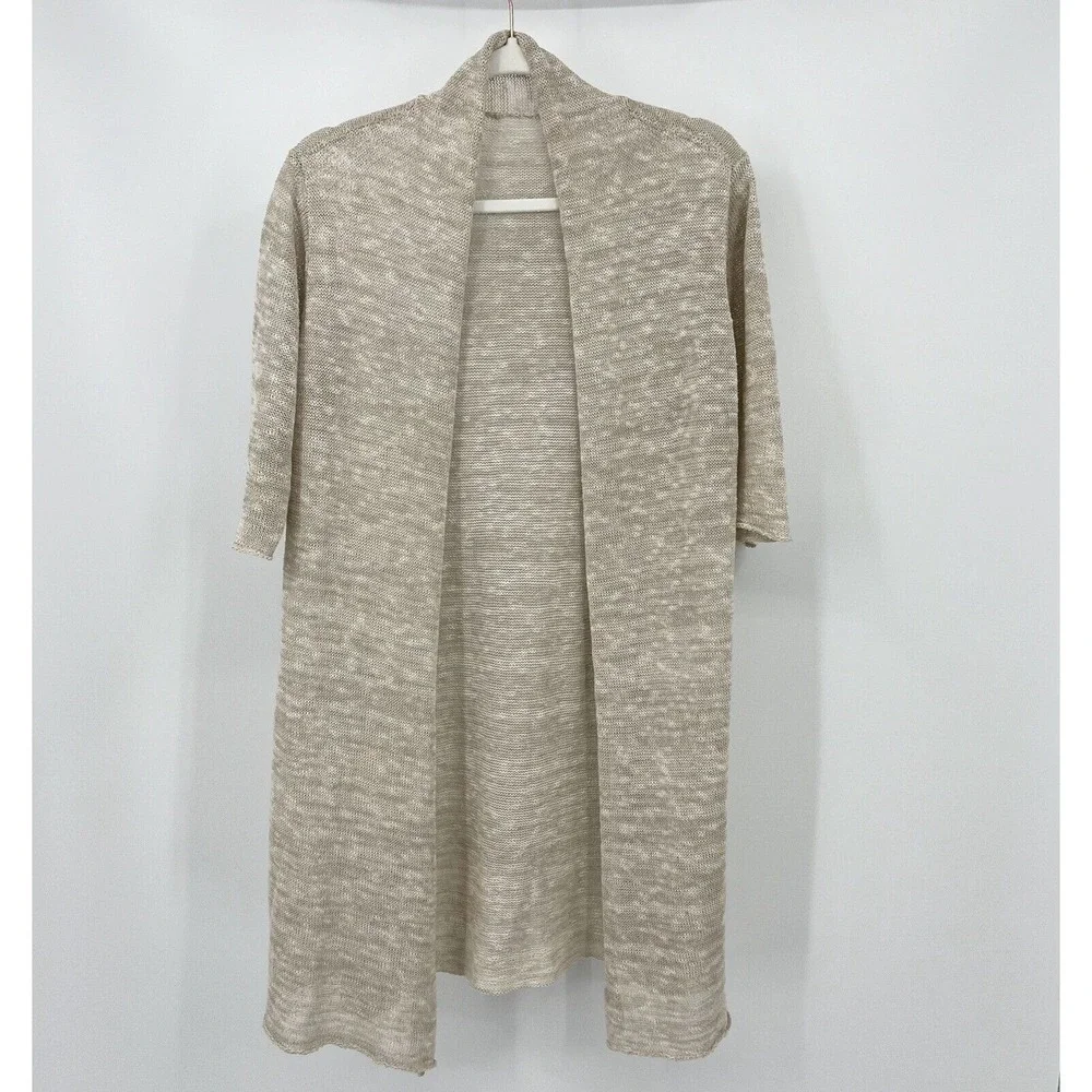 Eileen Fisher Cardigan L Beige Linen Blend Open Knit Open Duster Size Large - Picture 8 of 8